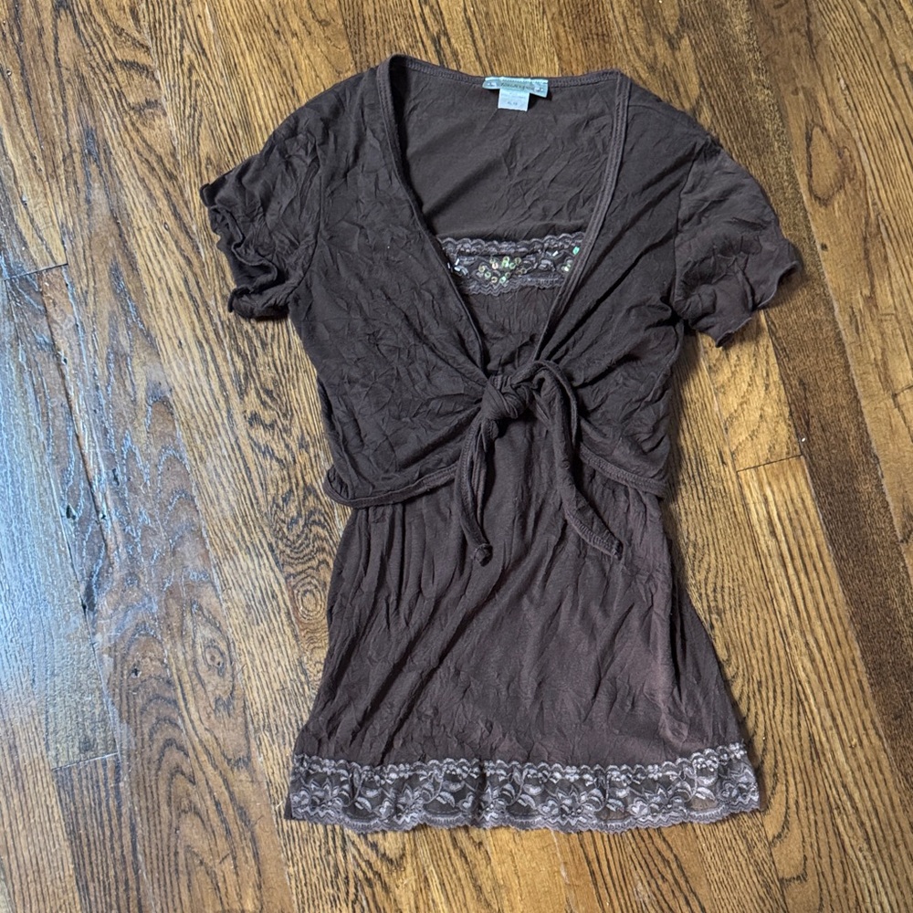 Brown Lace-Trimmed Girls Blouse Camisole and Shrug Set